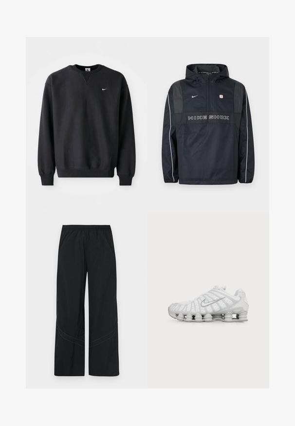 Čierna mikina Nike Shox s kapucňou a polovičným zipsom, bielym lemovaním na rukávoch, logom Nike a textom „NIKE SHOX“ na prednej strane.; Čierna mikina Nike so zaobleným výstrihom a dlhými rukávmi, s ikonickým bielym swoosh logom na hrudi.; Čierne nohavice s širokými nohavicami z ľahkej látky s elastickým pásom a jemným zaobleným šitím na leme.; Biela bežecká obuv Nike s viditeľnou vzduchom odpruženou podrážkou a strieborným logom Swoosh na boku, zobrazená z vonkajšej strany.