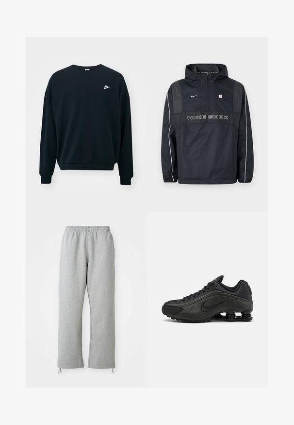 Chaqueta con capucha tipo pullover Nike Shox negra con media cremallera, ribetes blancos en las mangas, logo de Nike y texto "NIKE SHOX" en el frente.; Sudadera negra de Nike con mangas largas, cuello redondo y puños acanalados. Presenta un logotipo blanco de Nike en la parte izquierda del pecho.; Pantalones de chándal grises con una cintura elástica, piernas rectas y detalles de cordones en el dobladillo. Fabricados en una suave tela texturizada.; Zapatillas de running negras con un upper sintético liso, detalles perforados, paneles laterales texturizados y una suela distintiva y elástica.