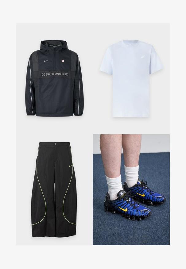 Schwarze Nike Shox Kapuzen-Pulloverjacke mit halbem Reißverschluss, weißen Paspeln an den Ärmeln, Nike-Logo und "NIKE SHOX" Schriftzug auf der Vorderseite.; Hellblaue Baumwoll-T-Shirt mit kurzen Ärmeln, Rundhalsausschnitt und einem weißen Nike-Logo, das auf der linken Brust gedruckt ist. Glatte Textur, schlichtes Design.; Schwarze Nike-Hose mit weitem Bein, neongrünem, geschwungenem Paspel und kleinem Nike-Swoosh-Logo auf dem rechten Oberschenkel, mit Knopf- und Reißverschlussbund.; Blaue und schwarze Sportschuhe zeichnen sich durch ein Mesh-Design, gelbe Akzente und eine segmentierte Sohle aus. Sie werden mit weißen Knöchelsocken getragen.