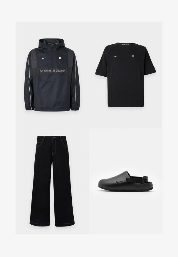 Schwarze Nike Shox Kapuzen-Pulloverjacke mit halbem Reißverschluss, weißen Paspeln an den Ärmeln, Nike-Logo und "NIKE SHOX" Schriftzug auf der Vorderseite.; Schwarzes Nike-Sportshirt mit kurzen Ärmeln, weißem Swoosh-Logo auf der linken Brust und kleinem quadratischem Emblem auf der rechten Brust, einfarbiger Hintergrund.; Schwarze weit geschnittene Jeanshose aus Denim, mit Knopfverschluss, fünf Taschen und kontrastierendem weißen Nähten entlang der Nähte.; Schwarze geformte Clogs mit glatter Textur, einem Hinterriemen für Stabilität und einer geriffelten Sohle für Grip. Mit kleinem Logo an der Seite.