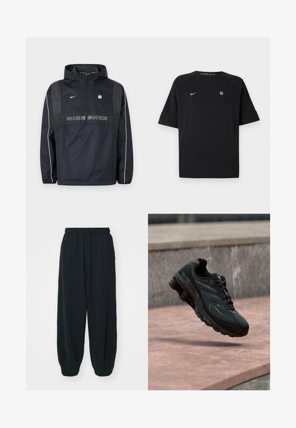 Schwarze Nike Shox Kapuzen-Pulloverjacke mit halbem Reißverschluss, weißen Paspeln an den Ärmeln, Nike-Logo und "NIKE SHOX" Schriftzug auf der Vorderseite.; Schwarzes Nike-Sportshirt mit kurzen Ärmeln, weißem Swoosh-Logo auf der linken Brust und kleinem quadratischem Emblem auf der rechten Brust, einfarbiger Hintergrund.; Schwarze Sweatpants mit elastischem Bund, lockerer Passform, gerippten Beinabschlüssen, glatter Textur und ohne sichtbare Muster oder Hardware-Akzente.; Schwarzer athletischer Sneaker mit sichtbarer Air-Cushioning-Zwischensohle, der über einer rosa Steinoberfläche mit grauer Steinmauer im Hintergrund schwebt.