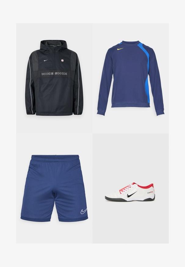 Sort Nike Shox hættetrøje med halv lynlås, hvide striber på ærmerne, Nike-logo og teksten "NIKE SHOX" på fronten.; Mørkeblå langærmet sports T-shirt med lyseblå sidepaneler, rund halsudskæring og gult logo på brystet. Fremstillet af glat, strækbart stof.; Blå atletiske shorts lavet af letvægtsmateriale. Har en elastisk talje og et hvidt Nike swoosh-logo på den nedre side.; Hvide atletiske sko med røde accenter, sort Swoosh-logo og struktureret design. Har hvide snørebånd og en sort ydersål. Teksten læser "total90."