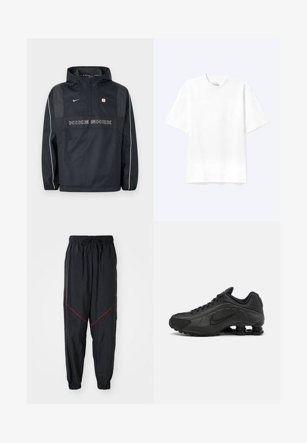 Must Nike Shoxi kapuutsiga pullover-jope pool-zippiga, valgete triipudega varrukatel, Nike logo ja "NIKE SHOX" tekst ees.; Lihtne valge lühikeste varrukatega ümara kaelusega T-särk, mis on lõdva lõikega, kuvatud heledal taustal.; Mustad mustelõngad, mis on valmistatud kergest kangast, punaste aktsentõmblustega, elastse vöökohtaga ja nööriga, ning elastsete mansettidega.; Mustad mustat jooksujalad, millel on sile sünteetiline ülemus, perforatsioonid, tekstureeritud külgpaneelid ja eristuv elastne tall.