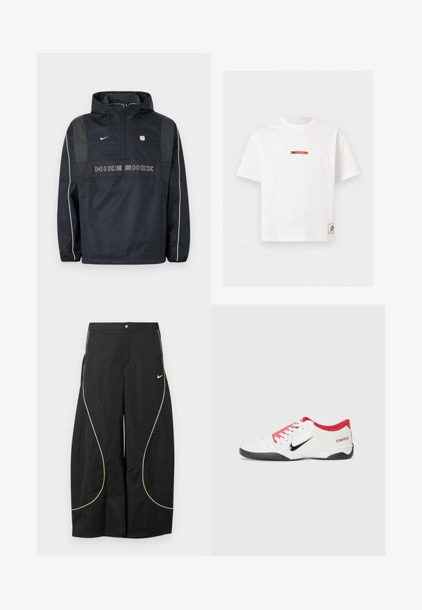 Schwarze Nike Shox Kapuzen-Pulloverjacke mit halbem Reißverschluss, weißen Paspeln an den Ärmeln, Nike-Logo und "NIKE SHOX" Schriftzug auf der Vorderseite.; Weißes Nike T-Shirt mit kurzen Ärmeln und kleinem "Fussball"-Logo in Schwarz und Rot auf der Brust sowie einem rechteckigen Etikett nahe dem unteren Saum.; Schwarze Nike-Hose mit weitem Bein, neongrünem, geschwungenem Paspel und kleinem Nike-Swoosh-Logo auf dem rechten Oberschenkel, mit Knopf- und Reißverschlussbund.; Weißer Sportschuh mit roten Akzenten, schwarzem Swoosh-Logo und strukturiertem Design. Mit weißen Schnürsenkeln und schwarzem Außensohle. Text lautet "total90."