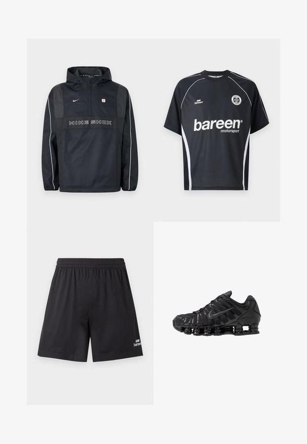 Veste à capuche noire Nike Shox avec demi-fermeture éclair, passepoil blanc sur les manches, logo Nike et texte "NIKE SHOX" sur le devant.; T-shirt de sport noir à manches courtes avec liseré blanc, texte « bareen motorsport », petit logo sur la poitrine et emblème rond en haut à droite.; Shorts de sport en mesh noir avec taille élastique et logo blanc de la marque "baree" près de l'ourlet bas sur la jambe droite.; Chaussures de sport noires en mesh et matériaux synthétiques, présentant un design ondulé distinct, une semelle en caoutchouc noire et des accents réfléchissants.