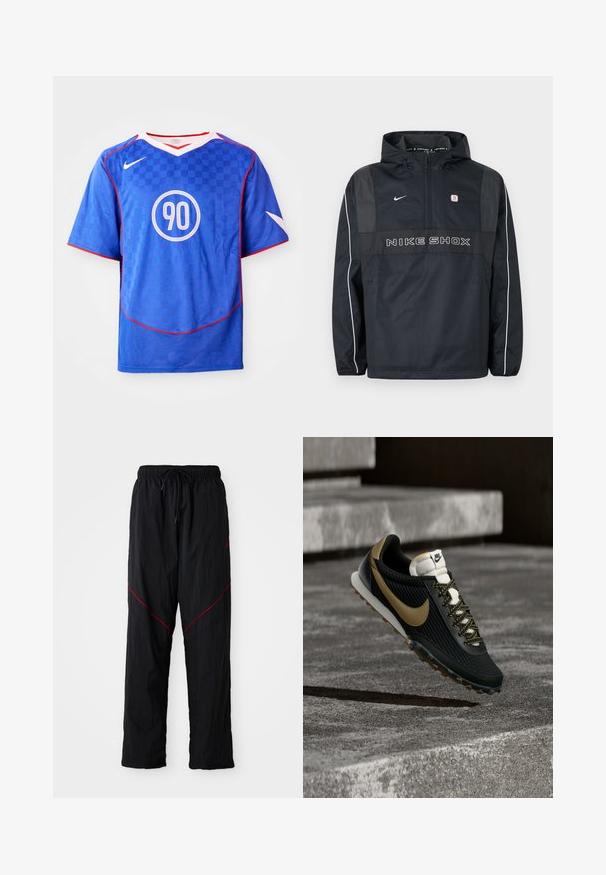 Sort Nike Shox hættetrøje med halv lynlås, hvide striber på ærmerne, Nike-logo og teksten "NIKE SHOX" på fronten.; Blå Nike fodboldtrøje med ternet mønster, korte ærmer, v-hals design, hvide accenter og et centralt cirkulært "90" grafik.; Sorte atletiske bukser med en struktureret overflade, der har taljebånd, røde accentlinjer og en løs pasform.; Sort og guld Nike løbesko med tekstureret overdel og mønstret snøre, der svæver over ru betongulv og trin.