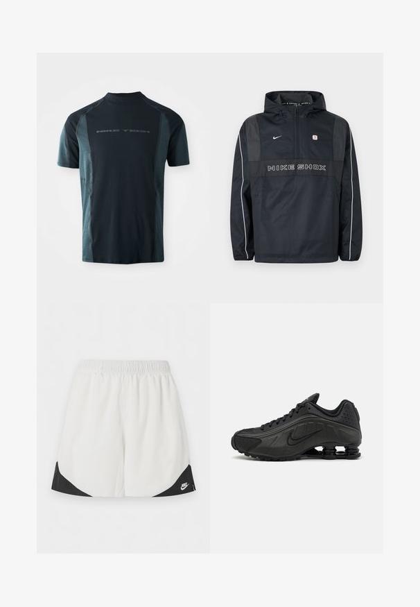 Chaqueta con capucha tipo pullover Nike Shox negra con media cremallera, ribetes blancos en las mangas, logo de Nike y texto "NIKE SHOX" en el frente.; Camiseta Nike Tech de manga corta, con un cuerpo en azul marino oscuro y paneles laterales en teal claro, y un cuello alto. Logo impreso en la parte delantera.; Pantalones cortos deportivos blancos con cintura elástica y paneles triangulares negros cerca de las aberturas de las piernas, con un logo blanco de Nike en el lado derecho.; Zapatillas de running negras con un upper sintético liso, detalles perforados, paneles laterales texturizados y una suela distintiva y elástica.