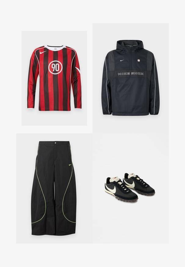 Sort Nike Shox hættetrøje med halv lynlås, hvide striber på ærmerne, Nike-logo og teksten "NIKE SHOX" på fronten.; Langærmet fodboldtrøje med skiftevis røde og sorte lodrette striber, hvide detaljer, rundt logo med "90" og klassisk rund halsudskæring.; Sorte Nike bukser med brede ben, med neon-grøn buet piping og lille Nike swoosh-logo på højre lår, knap- og lynlåslukning i taljen.; Sorte sportssko med en struktureret overdel, hvid swoosh-logo og gummisål med små stik til trækkraft. Elfenbensfarvet krave.