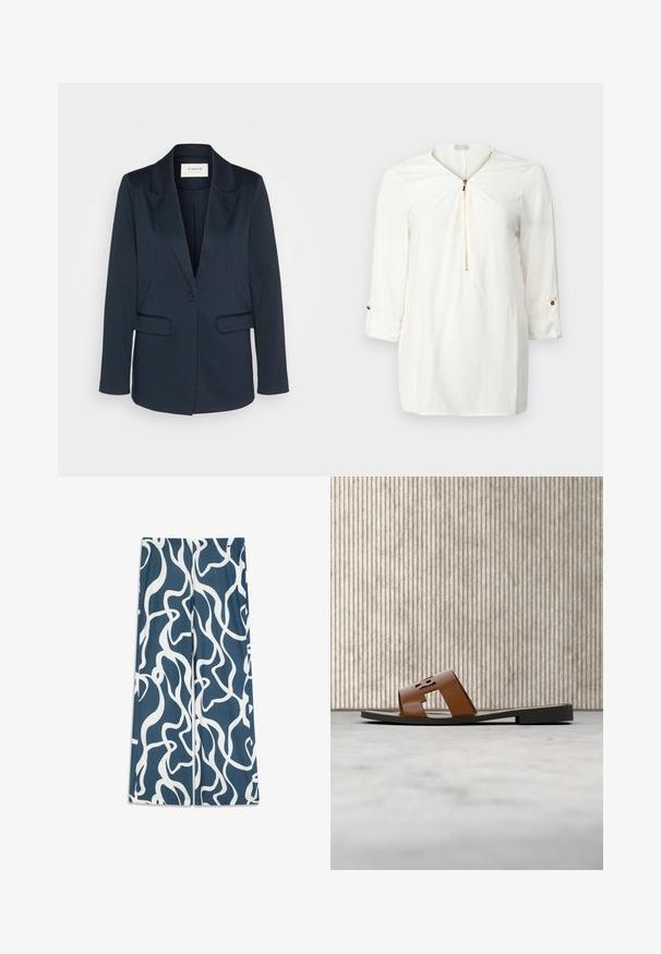 Blazer marine en tissu doux, doté d'un revers cranté, d'une fermeture à un bouton et de deux poches avant. Texture lisse avec une coupe ajustée.; Chemise blanche à manches longues avec un col zippé, en tissu doux, et des détails de manches retroussées avec un accent de bouton doré.; Pantalon à jambes larges en tissu bleu sarcelle foncé avec un motif abstrait blanc ondulé. Texture lisse avec une taille élastique.; Mule en cuir marron avec lettres découpées, posée sur un tapis beige à côté d'un pied de table rond en ambre brillant.