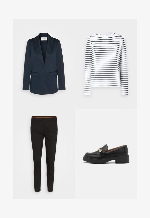 Navy blazer gemaakt van zacht materiaal, met een pieklapels, een enkele knoopsluiting en twee steekzakken aan de voorkant. Gladde textuur met een getailleerde pasvorm.; Langsleeve shirt in witte katoen met zwarte horizontale strepen. Heeft een ronde hals en een relaxte pasvorm. Geen opvallende accenten of patronen.; Zwarte chinos met een slim fit, gemaakt van katoen. Voorzien van een bruine riem met een metalen gesp en een vlakke voorkant.; Zwarte leren loafer met een chunky plateauzool, voorzien van een goudkleurige kettingaccent en zichtbare stikdetails. Gladde textuur en strak design.