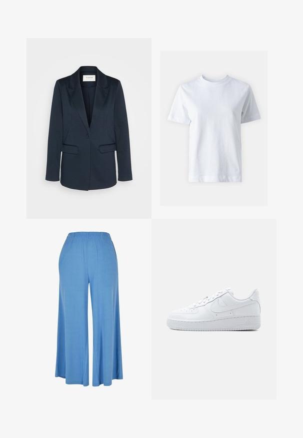 Marinblazer lavet af blødt stof, med spidse lapels, enkelt knaplukning og to forlommer. Glat tekstur med skræddersyet pasform.; Hvid bomulds t-shirt med rund halsudskæring, korte ærmer, lige snit og glat tekstur. Ingen mønstre eller dekorationer.; Lysblå bredde bukser lavet af blødt stof, med en elastisk talje og en løs pasform, der strækker sig til midt på læggen.; Hvid Nike Air Force 1 sneaker med lavt snit, snørelukning, perforeret tåboks og karakteristisk Swoosh-logo på siden.