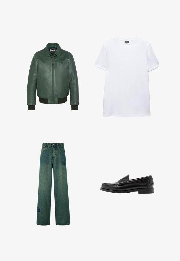 Schott Lederjacke - vert; Einfaches weißes T-Shirt mit kurzen Ärmeln und Rundhalsausschnitt mit einem schwarzen Pull&Bear-Etikett innen am Kragen, abgebildet auf weißem Hintergrund.; Weite Jeans aus dunkelblauem Denim mit einer dezenten, verblassten Textur. Mit Gesäßtaschen und einem dekorativen Logodetail.; Schwarzer Leder-Pennyloafer mit genähter Mokassinnase, niedrigem Absatz und glatt poliertem Finish, seitlich vor weißem Hintergrund gezeigt.