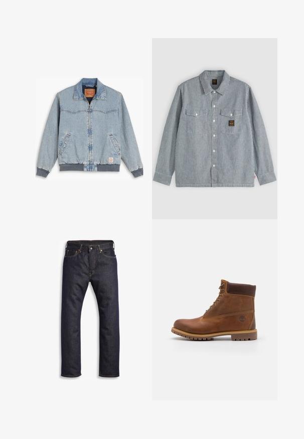 Lyseblå denimjakke med lynlås foran, ribbede manchetter og kant, to sidelommer og en klassisk krave. Synlig syning og mærkelabel indeni.; Langærmet skjorte med knapper og tynde lodrette sorte og hvide striber, to forlommer med klapper og et lille sort mærke på højre lomme.; Mørkeblå denimjeans med lige snit, fem-lomme design, metalbeslag og kontrasterende orange syninger. Glat tekstur, ingen synlige mønstre.; Brun læder vandrestøvle med en glat finish, polstret ankel, metalliske snørehuller og en gummisål med et robust dækmønster.