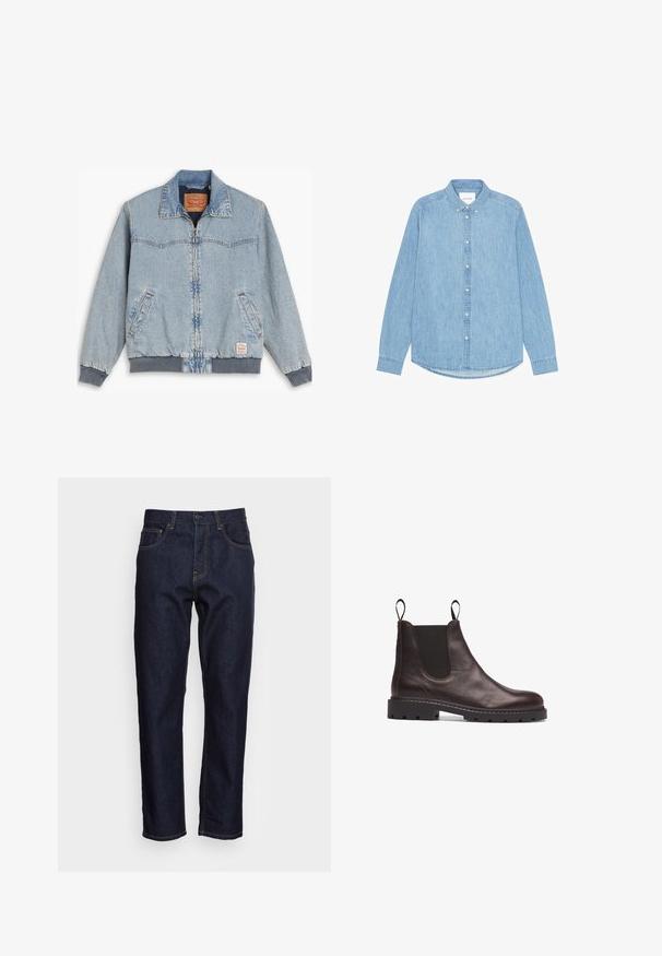 Lyseblå denimjakke med lynlås foran, ribbede manchetter og kant, to sidelommer og en klassisk krave. Synlig syning og mærkelabel indeni.; Lyseblå denimskjorte med knapper, lange ærmer, spidst krave og afrundet kant. Har knaplukning foran og lille logodetalje.; Mørkeblå denimjeans med lige pasform, fem lommer og kontrasterende gul syning. Designet med en klassisk knap- og lynlåslukning.; Brune læder Chelsea-støvle med elastiske sidepaneler, struktureret finish og robust sort gummisål med notcher for greb.