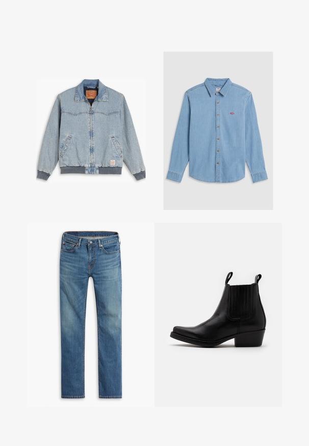 Lyseblå denimjakke med lynlås foran, ribbede manchetter og kant, to sidelommer og en klassisk krave. Synlig syning og mærkelabel indeni.; Lyseblå denimskjorte med lange ærmer, knaplukning foran og spidse kraver. Har brune knapper og et lille rødt logo-patch.; Blå straight-leg denim jeans med frontknap og lynlåslukning, fem-lomme design og subtilt falmede områder på lår og knæ.; Kentucky's Western Cowboy- / bikerstøvlette - black