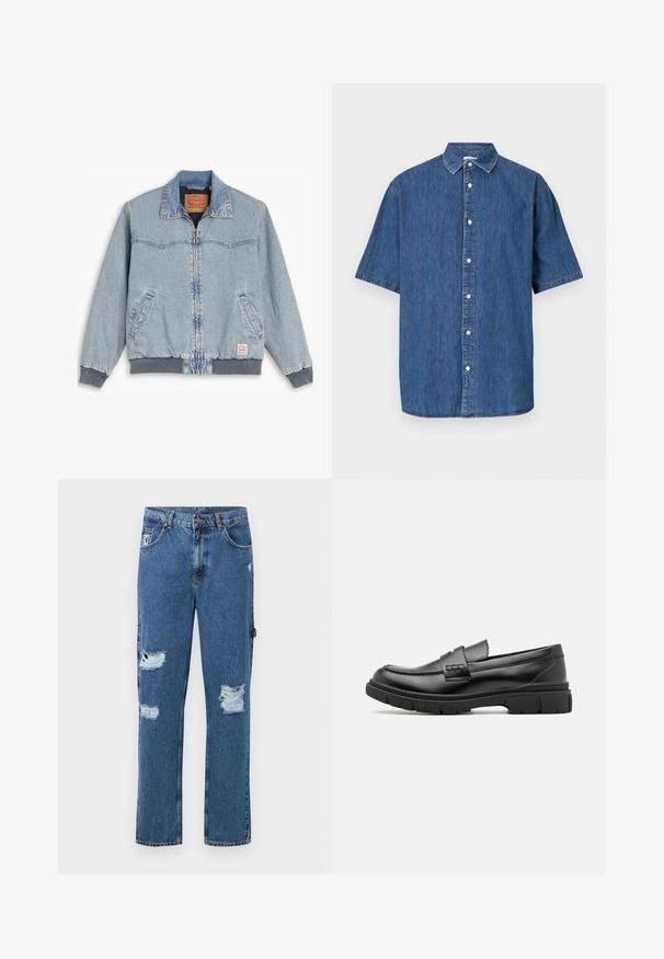 Lyseblå denimjakke med lynlås foran, ribbede manchetter og kant, to sidelommer og en klassisk krave. Synlig syning og mærkelabel indeni.; Kortærmet denimskjorte i mørkeblå. Har knaplukning foran, klassisk krave og syede detaljer langs kanterne.; Blå denimjeans med slidte lapper på begge ben, fem-lomme design, knaplukning og bæltestropper.; Sort læder loafersko med en bred rem over forfoden, gummisål med tykke mønstre og glat overflade. Klassisk, slankt design.