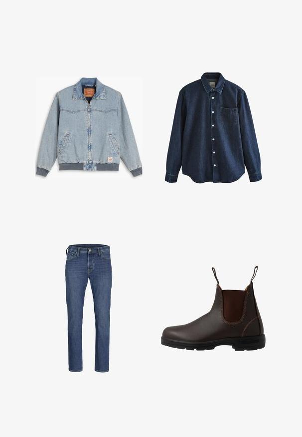 Lyseblå denimjakke med lynlås foran, ribbede manchetter og kant, to sidelommer og en klassisk krave. Synlig syning og mærkelabel indeni.; Mørkeblå denim skjorte med lange ærmer, knapper foran, krave og en enkelt brystlomme, vist mod hvid baggrund.; Herre blå denim jeans med lige ben-design, fem lommers styling og klassisk knap- og lynlåslukning.; Brun læder Chelsea-støvle med elastisk sidepanel, brun syning, trækstropper og en holdbar gummisål med et tekstureret mønster.