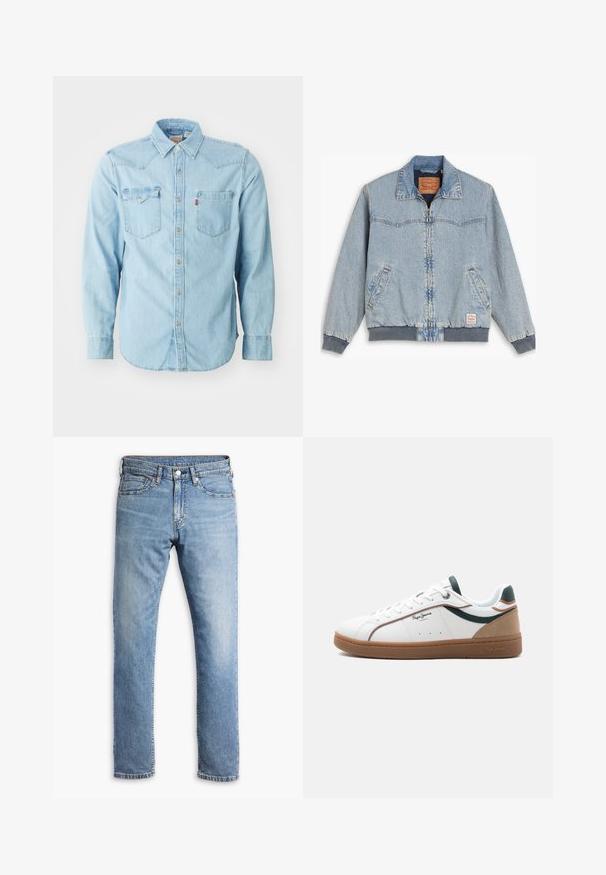 Lyseblå denimjakke med lynlås foran, ribbede manchetter og kant, to sidelommer og en klassisk krave. Synlig syning og mærkelabel indeni.; Lys blå denim skjorte med lange ærmer, spids krave, to brystlommer, sølvnapsknapper og kontrastsyninger. Glat tekstur.; Lyseblå denim jeans med straight-leg design, fem lommer, kontrasterende syninger og en knap- og lynlåslukning i taljen.; Hvid lavtop sneaker med brun sål, grønne og beige accenter, hvide snørebånd og "Pepe Jeans London"-logo på siden.