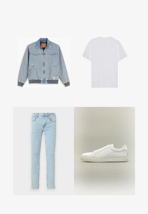 Lyseblå denimjakke med lynlås foran, ribbede manchetter og kant, to sidelommer og en klassisk krave. Synlig syning og mærkelabel indeni.; Hvid bomulds T-shirt med korte ærmer, rund hals og en glat tekstur. Har minimal branding på halsudskæringen.; Lyseblå denimjeans med lige ben, der har fem lommer, diskret falmning og klassiske syningsdetaljer.; Hvid lavtop sneaker med snørebånd foran og tyk sål, vist fra siden mod en neutral baggrund.