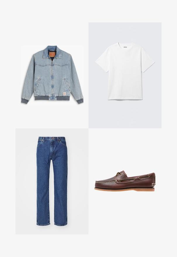 Lyseblå denimjakke med lynlås foran, ribbede manchetter og kant, to sidelommer og en klassisk krave. Synlig syning og mærkelabel indeni.; Hvid kortærmet crewneck T-shirt lagt fladt ud, ensfarvet design, med "WEEKDAY" mærkat inde i kraven på en lys baggrund.; Straight-leg blå denim jeans med frontknap, lynlås, bæltestropper og fem-lomme design på en ensfarvet hvid baggrund.; Brun læder bådsko med hvide sømme, snøre detaljer og lysbrun gummisål, vist fra siden på hvid baggrund.