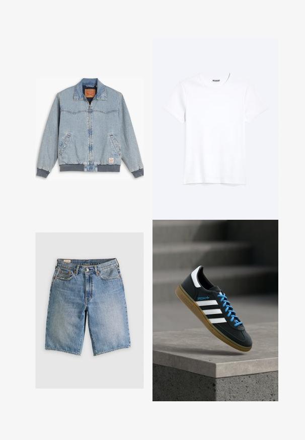 Lyseblå denimjakke med lynlås foran, ribbede manchetter og kant, to sidelommer og en klassisk krave. Synlig syning og mærkelabel indeni.; Enkelt hvid T-shirt med korte ærmer og rund hals med synligt WEEKDAY-mærke i kraven, vist på en lys baggrund.; Lyseblå denimshorts med klassisk snit. Har fem lommer, orange stikninger og rå skærmkanter.; Sort Adidas sneaker med hvide striber, blå snørebånd og gummisål, der svæver over gråt betontrin i blødt lys.