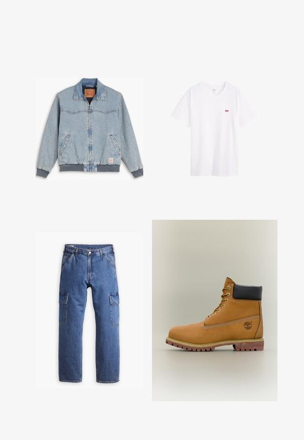 Lyseblå denimjakke med lynlås foran, ribbede manchetter og kant, to sidelommer og en klassisk krave. Synlig syning og mærkelabel indeni.; Hvid bomulds t-shirt med rund halsudskæring, korte ærmer og et lille rødt Levi's-logo på venstre bryst. Glat tekstur, standard pasform.; Blå denim cargo bukser med lige ben-design, to sidelommer og synlige sømdetaljer. Generelt en afslappet og funktionel stil.; Brun læderankelstøvle med sort krave, gule snørebånd og tanfarvet sål. Har logo og hvide syninger som detalje. Robust ydersål med greb.