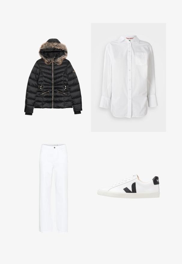 Doudoune noire avec capuche doublée en fausse fourrure, fermeture éclair à l'avant et deux poches zippées. Présente un motif matelassé horizontal et des accents en matériel doré.; Chemise blanche à manches longues avec col et poche poitrine, présentée sur un fond uni.; Jeans blancs à jambes larges en denim. Présentent une fermeture à bouton et un design traditionnel à cinq poches. Texture lisse avec une finition soignée.; Baskets blanches avec un logo V noir, présentant un dessus en cuir lisse, un bout rond, un système de laçage et un empiècement au talon noir contrastant.
