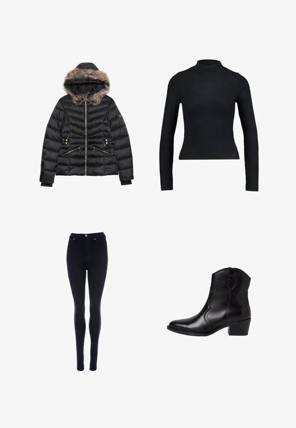 Sort pufferjakke med hætte foret med falsk pels, lynlåslukning fortil og to lynlåslommer. Har vandret quiltet mønster og detaljer i guldfarvet metal.; Sort langærmet turtleneck top lavet af ribbet stof, med en tætsiddende design og slank silhuet. Ingen mønstre eller detaljer.; Højtaljede sorte skinny jeans lavet af strækbart stof, med et klassisk fem-lomme design og metalknap lukning.; Sorte læder ankelstøvler med spids tå, buede sidelommer og en lav, blokhæl. Har en lynlås lukning og en glat overflade.