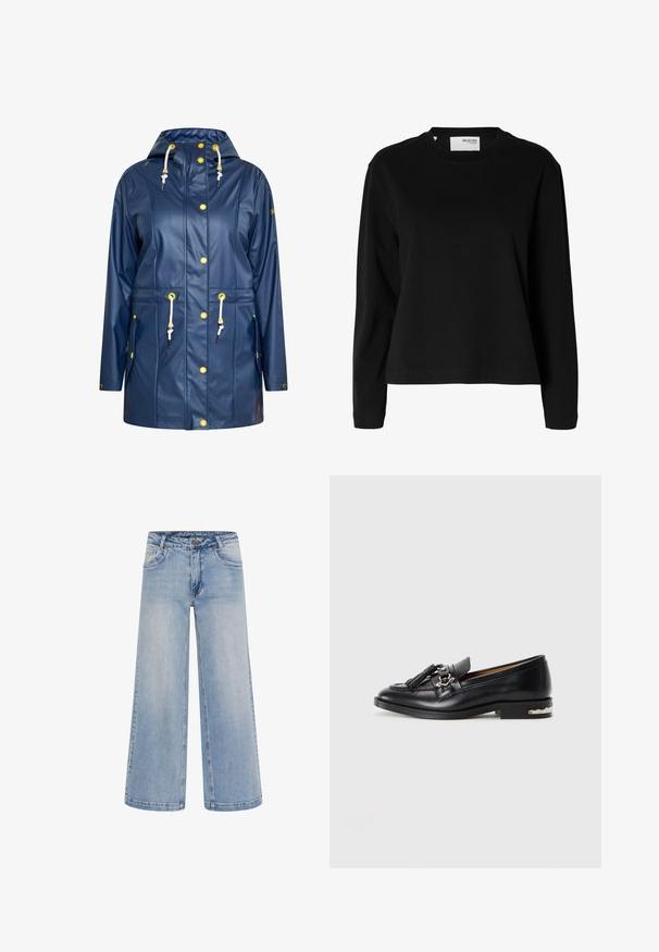 Marineblå vandtæt jakke med hætte, knap- og snorelukninger, to for-lyde lommer, gule detaljer og en glat, skinnende tekstur.; Sort langærmet crew neck sweatshirt med lige kant og en hvid label med teksten "SELECTED FEMME" inde i halsudskæringen.; Lyseblå brede jeans med høj talje, fem lommer og kontrastsyninger. Fremstillet af denim med en glat tekstur.; Sort læder loafer med kvaster og metalspænde detalje foran, lav hæl med sølvaccent, på en ensfarvet hvid baggrund.