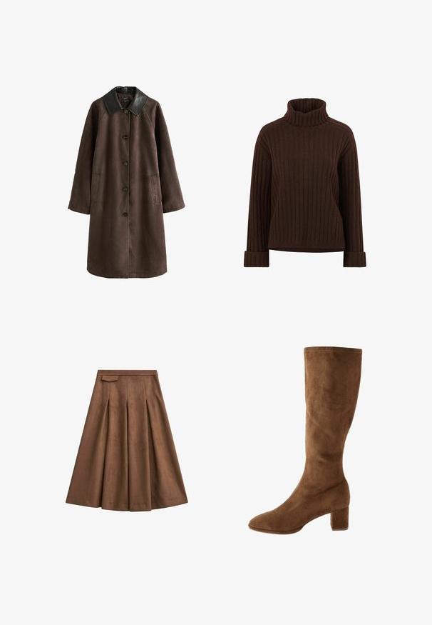 Lang mørkebrun frakke med sort læderkrave, knaplukning foran og to sidelommer.; Brun ribbet turtleneck sweater med lange ærmer og foldede manchetter. Fremstillet af blødt materiale med en afslappet pasform og tekstureret overflade.; Brun midi-nederdel med brede folder og en lille klapdetalje ved linningen, vist på en hvid baggrund.; Brun ruskind knæhøj støvle med spids tå og blokhæl. Glat tekstur med minimal syningsdetalje. Klassisk og enkel design.
