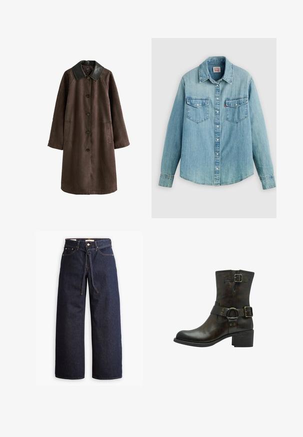 Long manteau marron foncé avec col en cuir noir, fermeture boutonnée sur le devant et deux poches latérales.; Chemise en denim bleu clair avec un col classique, une fermeture à boutons sur le devant, deux poches poitrine, des poignets boutonnés et un ourlet légèrement arrondi.; Jeans en denim bleu foncé à jambes larges, avec une taille haute, dotés d'un lien à cordon, de cinq poches et de détails de couture contrastants.; Marco Tozzi Bottines de cowboy / motard - cafe antic