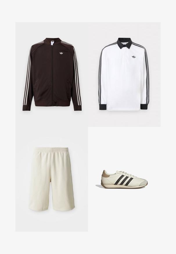 Donkerbruine Adidas trainingsjack met witte drie-strepen details op de mouwen, een volledige ritssluiting aan de voorkant en het witte Adidas trefoil-logo op de borst.; Witte lange mouwen polo met zwarte kraag, zwarte manchetten, zwart drie-strepen ontwerp op de mouwen en zwart Adidas-logo op de borst.; Licht beige sportshorts met een elastische tailleband, een gladde textuur en een subtiele logo-detail aan de onderkant links. Geen zakken.; Witte leren sneaker met drie zwarte strepen, een beige hielkap en een gestructureerde grijze neuskap. Glad oppervlak met een gumzool.