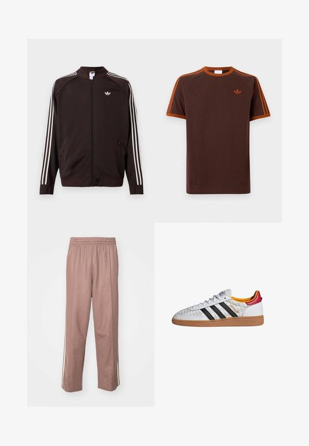 Dunkelbraune Adidas-Trainingsjacke mit weißen drei Streifen auf den Ärmeln, durchgehendem Frontreißverschluss und weißem Adidas-Trefoil-Logo auf der Brust.; Braunes T-Shirt mit kurzen Ärmeln, orangefarbenen Besätzen, orangefarbenen drei Streifen an den Ärmeln und kleinem orangefarbenem Adidas-Trefoil-Logo auf der linken Brust.; Helle rosa Sporthosen mit elastischem Bund, seitlichen Streifen und geradem Bein. Hergestellt aus weichem, dehnbarem Material.; Weißer Adidas Spezial Sneaker mit schwarzen Streifen, Gummisohle, gestepptem Muster, rotem Fersenlaschen und gelber Innenausstattung, Seitenansicht.
