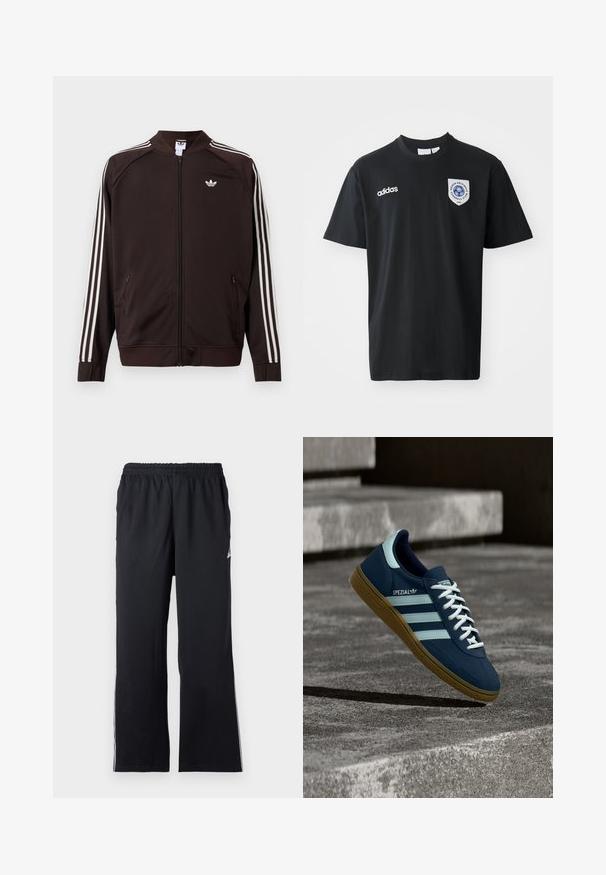 Tumepruun Adidas spordijakk valgete kolmiktriibuliste detailidega varrukatel, täielikult esiosa lukuga ja valge Adidas trefoil-logoga rinnal.; Must sageda T-särk, valmistatud puuvillast, lühikeste varrukatega ja ümmarguse kaelusega. Esiküljel on valge Adidas logo ja vasakul rinnal sinine embleemiga plaastr.; Mustas sportlikud püksid, mis on valmistatud venivast kangast, elastse vöökoht ja külgaktsentidega. Sirge jala disain koos peene logo detailiga.; Sinine Adidas Spezial tennisk, valgete triipude ja paeltega, kummist tallaga, hõljub kareda betoonpinna ja sammude kohal taustal.