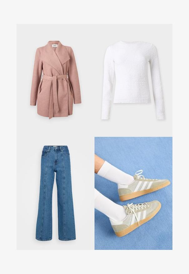 Manteau en laine rose clair ceinturé avec de larges revers et des poches latérales, présenté sur un fond uni.; Top en tricot blanc texturé à manches longues, col rond et silhouette ajustée sur fond uni.; Des jeans taille haute bleu clair présentent un design à jambes larges, fabriqués en denim avec une finition texturée et des détails de couture à l'avant.; Baskets en suède gris clair avec des accents en caoutchouc blanc, arborant trois rayures blanches et une semelle en gomme, portées avec des chaussettes blanches sur un fond bleu.