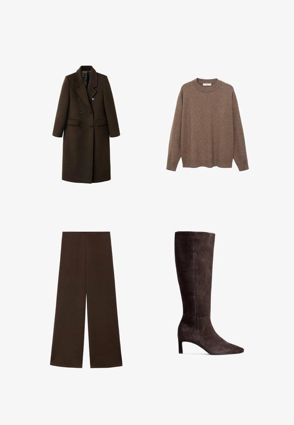 Brun uldblandingsfrakke med dobbeltknaplukning, spidse revers, to sidelommer og knapdetaljer. Lange ærmer og mellemlang skæring.; Brun strikket sweater med rund halsudskæring og lange ærmer. Den har en afslappet pasform samt ribbede manchetter og søm for ekstra tekstur.; Bredde bukser lavet af et glat, mørkebrunt stof. Har en høj talje og et minimalistisk design uden udsmykninger.; Brune ruskinds knæhøje støvler med spids tå og 3-tommer hæl. Glat tekstur, slank silhuet og minimalistisk design.