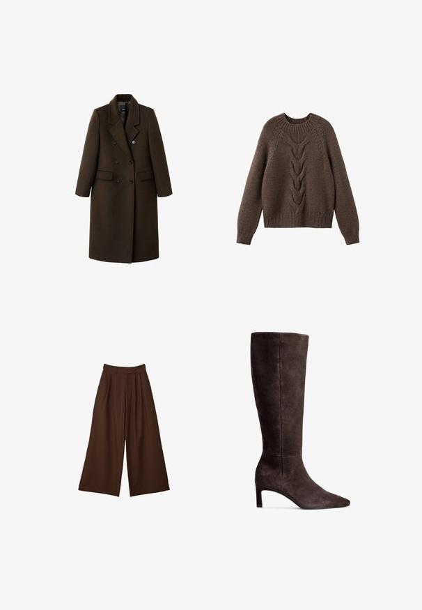 Manteau en mélange de laine marron avec un design croisé, des revers en pointe, deux poches avant et des accents de boutons. Manches longues et coupe mi-longue.; Pull en tricot marron avec un col rond, des manches longues et un motif en torsades sur le devant. Ourlets et poignets côtelés.; Pantalon large marron avec des plis, poches latérales et taille haute avec passants de ceinture, présenté sur un fond blanc.; Botte en daim marron haute jusqu'au genou avec un bout pointu et un talon de 3 pouces. Texture lisse, silhouette élégante et design minimaliste.