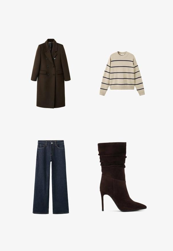 Brun uldblandingsfrakke med dobbeltknaplukning, spidse revers, to sidelommer og knapdetaljer. Lange ærmer og mellemlang skæring.; Beige sweater med marineblå vandrette striber, rund halsudskæring og lange ærmer. Lavet af blødt materiale med ribbede manchetter og kant.; Mørkeblå vidde jeans med knap og lynlås foran, fem lommer og synlige orange syninger.; Brune ruskinds ankelstøvle med en slouchy overdel, spids tå og høj stilettohæl. Har en struktureret overflade og en glat silhuet.