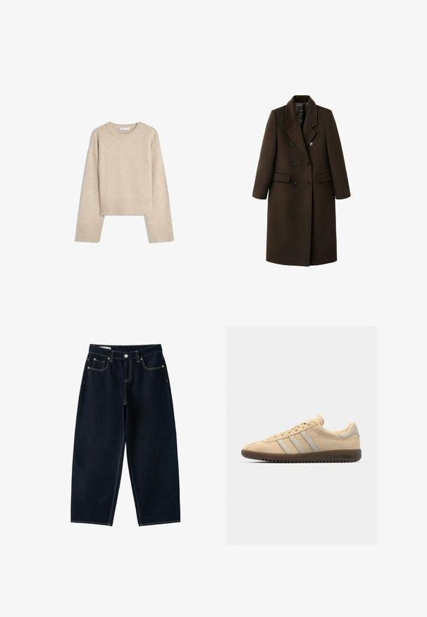 Bruine wolmix jas met een dubbelzijdig ontwerp, notch revers, twee voorzakken en knoopaccenten. Lange mouwen en een middellange snit.; Beige cropped sweater gemaakt van zacht breimateriaal. Heeft een ronde halslijn, lange mouwen en geribde boorden en onderkant voor extra textuur.; Donkerblauwe jeans met wijde pijpen, hoge taille, knoop aan de voorkant, rits en vijf zakken met zichtbare stiksels.; Beige suède sneaker met drie zilveren strepen, platte bruine rubberen zool, ronde neus en minimalistisch ontwerp.