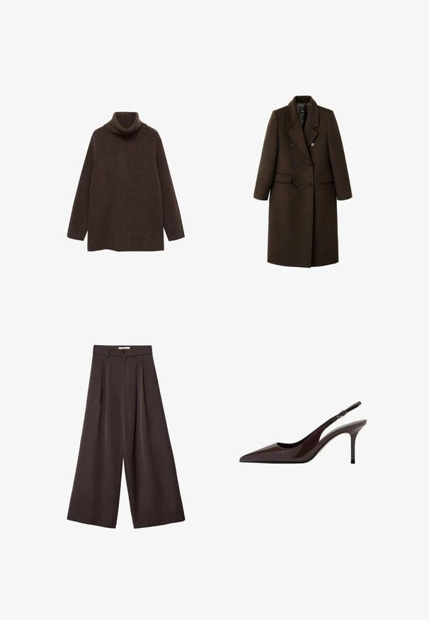 Brun uldblandingsfrakke med dobbeltknaplukning, spidse revers, to sidelommer og knapdetaljer. Lange ærmer og mellemlang skæring.; Brun turtle neck sweater lavet af blødt strikstof. Har lange ærmer og en afslappet pasform med høj krave for ekstra varme.; Bukser med vidde i mørkebrun stof, med plisseringer, knaplukning og en glat tekstur; ankel-længde med et skræddersyet design.; Brune patenteret læder slingback hæle med spids tå, slank hæl og justerbar spænde-rem. Glat tekstur og skinnende finish.