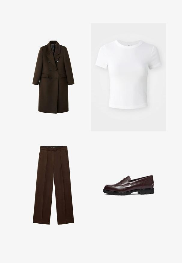 Brun uldblandingsfrakke med dobbeltknaplukning, spidse revers, to sidelommer og knapdetaljer. Lange ærmer og mellemlang skæring.; Simpel hvid kortærmet cropped t-shirt med rund halsudskæring, præsenteret på en neutral lys baggrund.; Brune brede bukser med en glat tekstur, frontfolder og sidelommer. Flad talje design med en skjult lukning.; Timberland Loafers - burgundy
