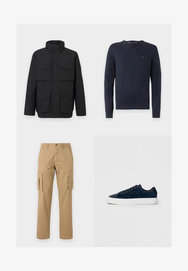 Schwarze, isolierte Jacke mit hohem Kragen, Frontreißverschluss, Druckknöpfen und vier Klappentaschen vor einem schlichten, hellen Hintergrund.; Marineblauer V-Ausschnitt-Pullover aus weichem Material mit langen Ärmeln. Besitzt ein kleines Logo auf der Brust sowie gerippte Bündchen und Saum.; Beige Cargo-Hosen mit zwei Seitentaschen, einem Knopfverschluss, geradem Bein und einem weichen, strukturierten Stoff.; Marineblauer Wildleder-Sneaker mit glänzender, dunkler Zehenkappe, weißer Gummisohle und sechs Ösen für Schnürsenkel, mit einem dezenten Logo an der Seite.