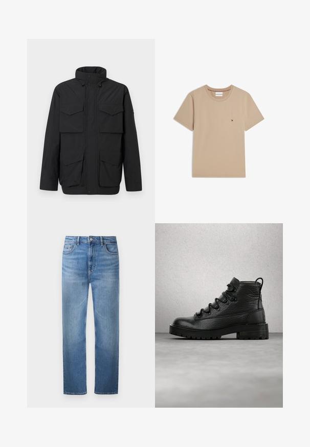 Veste noire isolée avec col haut, fermeture éclair à l'avant, boutons-pression et quatre poches à rabat sur un fond clair uni.; T-shirt beige manches courtes col rond avec petit logo Tommy Hilfiger sur la poitrine gauche.; Jean denim bleu clair à coupe droite avec cinq poches et fermeture par boutons, présenté à plat sur fond blanc.; Bottines en cuir noir avec tige texturée, six œillets et semelle robuste. Comprend un passant au talon pour un enfilage facile.