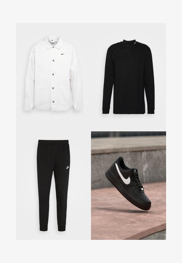 Nike Sportswear CHORE COAT - Let jakke / Sommerjakker - phantom/black; Nike Sportswear MOCK NECK - Sweatshirt - black; Sorte sweatpants lavet af blødt stof med elastisk talje og tætsiddende manchetter, med et lille hvidt Nike-logo på venstre lår.; Sort Nike Air Force 1-sneaker med hvid swoosh-logo, svævende over en stenovertflade med en grå tekstureret væg i baggrunden.