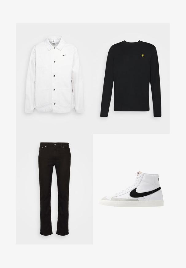 Nike Sportswear CHORE COAT - Kevyt takki - phantom/black; Musta pitkähihainen collegepaita, jossa on pyöreä kaula-aukko, sileä pinta ja pieni keltainen kotkalogo vasemmassa rintamuksessa.; Mustat farkut suoran lahkeensuunnittelun kanssa, joissa on klassinen viiden taskun malli, metallipainonauhalla ja huomaamattomilla ompelu yksityiskohdilla.; Valkoiset korkeavartiset tennarit, joissa on musta swoosh, teksturoitu harmaa varvaskuppi ja litteä valkoinen pohja. Varustettu kuudella reiällä nauhoille ja ommelluilla yksityiskohdilla.