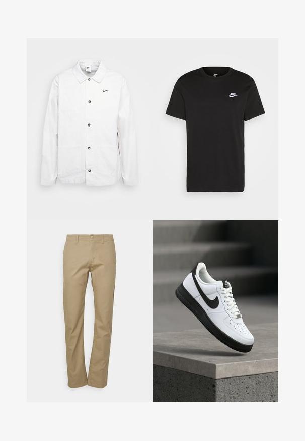 Nike Sportswear CHORE COAT - Let jakke / Sommerjakker - phantom/black; Sort bomuld T-shirt med korte ærmer, rund hals og et lille hvidt Nike-logo på den øverste venstre bryst. Glat tekstur. Klassisk pasform.; Beige chinos med lige ben, der har knaplukning, bæltesløjfer og en glat bomuldsstoftekstur.; Hvid lædersneaker med sorte detaljer, rundet tå og perforerede detaljer. Sort gummisål med tekstureret mønster og snørelukning.