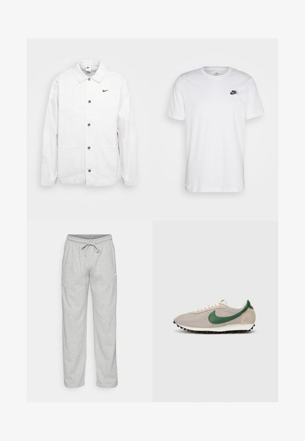 Nike Sportswear CHORE COAT - Let jakke / Sommerjakker - phantom/black; Hvid bomulds T-shirt med rund hals, korte ærmer og et sort Nike-logo på venstre bryst. Enkel, ensfarvet design.; Lys grå sweatpants lavet af blødt stof. Har en elastisk talje med snøre og Nike-logo i sort på venstre lår.; Beige løbesko med grønne ruskindsdetaljer, struktureret mesh-overdel, cremefarvede snørebånd og sort gummisål med trækkraftsstifter.