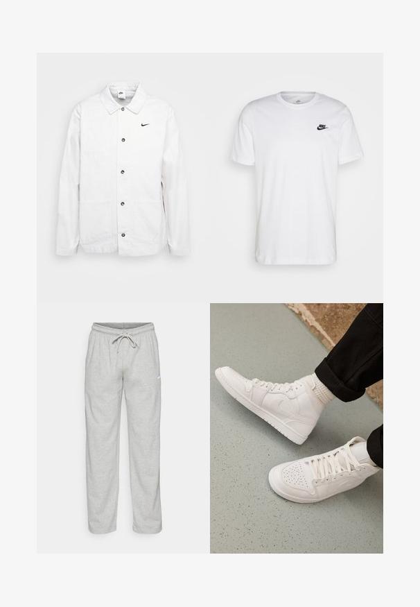 Nike Sportswear CHORE COAT - Let jakke / Sommerjakker - phantom/black; Hvid bomulds T-shirt med rund hals, korte ærmer og et sort Nike-logo på venstre bryst. Enkel, ensfarvet design.; Lys grå sweatpants lavet af blødt stof. Har en elastisk talje med snøre og Nike-logo i sort på venstre lår.; Hvide høj-top sneakers lavet af glat læder med perforeret tå, snørelukning og subtil logo detaljer på siden. Tekstureret gummisål.
