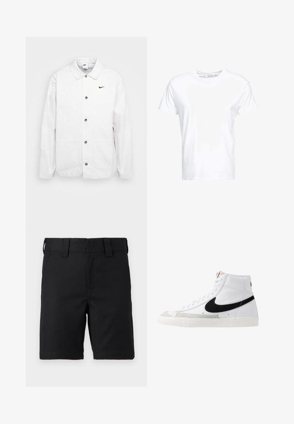 Nike Sportswear CHORE COAT - Let jakke / Sommerjakker - phantom/black; Hvid bomulds t-shirt med rund halsudskæring og korte ærmer, i en klassisk pasform og glat tekstur. Ingen mønstre eller hardware synlige.; Sorte knælange shorts med bæltestropper og forlommer, lavet af robust stof, vist på en hvid baggrund.; Hvide høje sneakers med et sort swoosh, struktureret grå tåhætte og flad hvid sål. Har seks snørrehuller og syede detaljer.