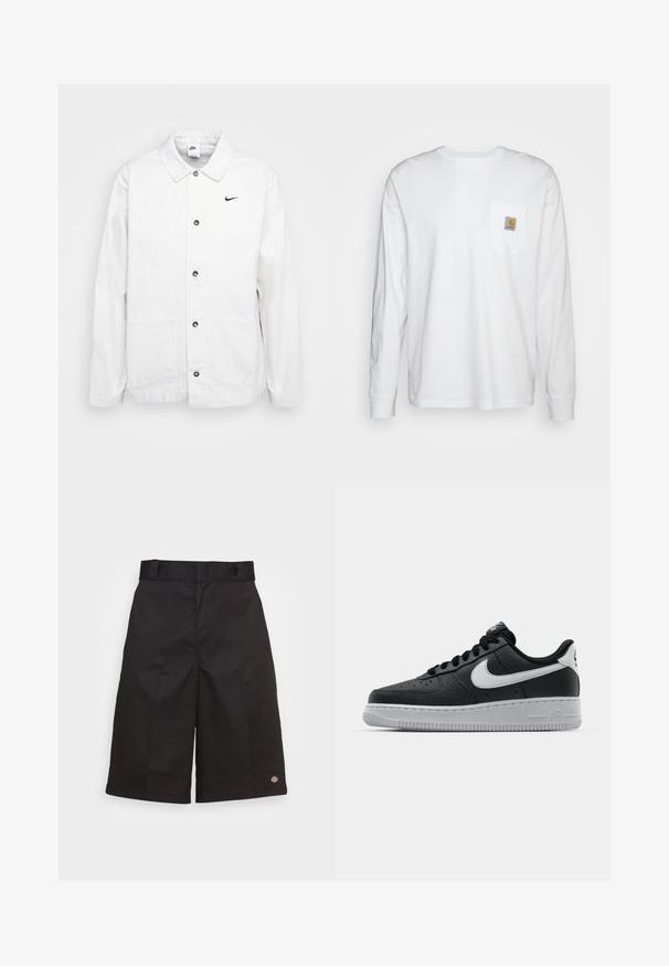 Nike Sportswear CHORE COAT - Chaqueta fina - phantom/black; Camisa blanca de manga larga hecha de algodón, con un bolsillo en el pecho que lleva un parche de logo cuadrado. Diseño sencillo con escote redondeado y mangas con puños.; Bermudas de algodón negras de corte recto, hasta la rodilla, con un logotipo visible en el dobladillo y una textura suave.; Zapatilla negra de cuero con superficie texturizada, logo de Nike en blanco, suela gris, puntera redonda y diseño de encaje. Presenta perforaciones en la puntera.